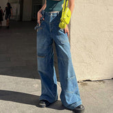 Jean droit à poches multiples et fermeture éclair, coupe usée, pantalon large